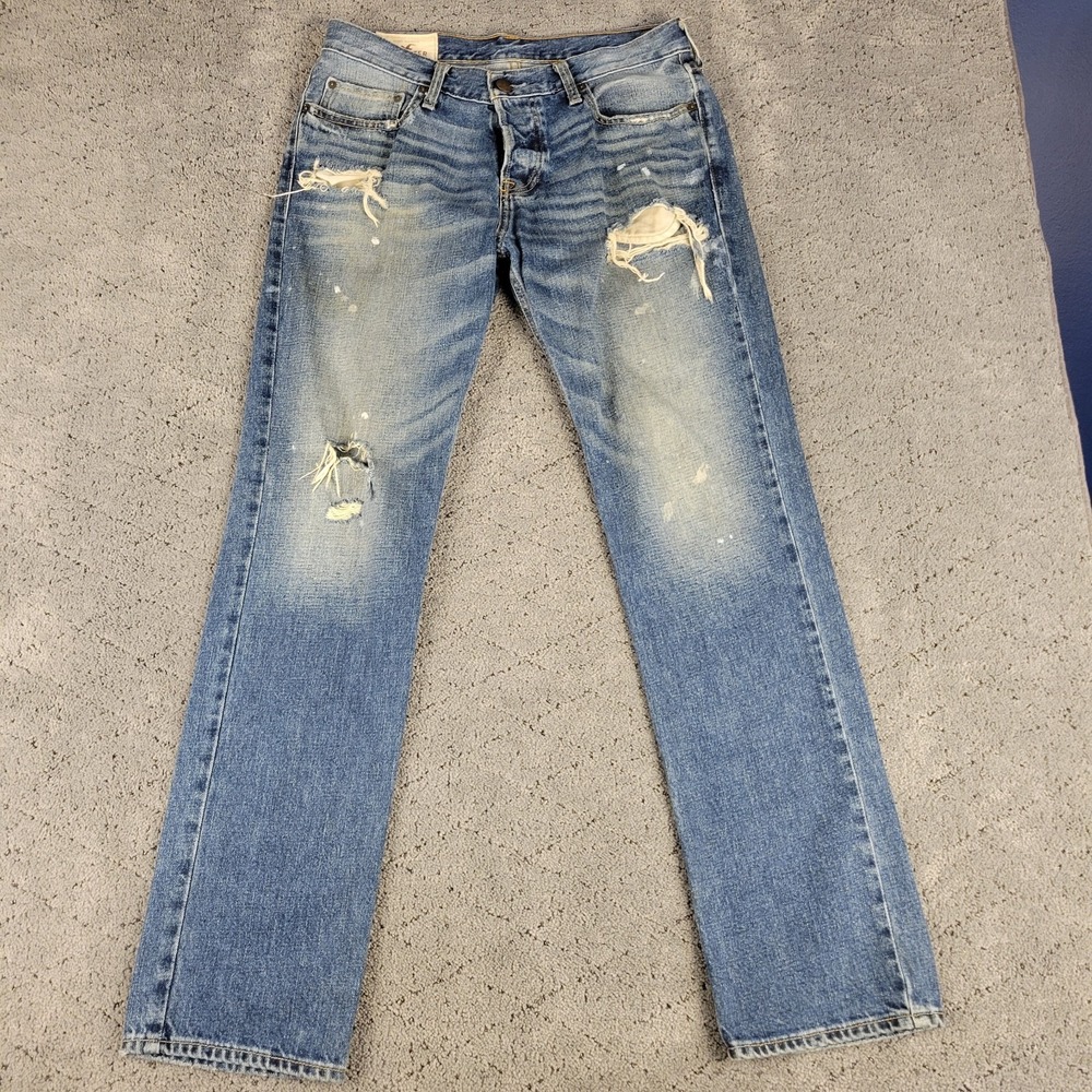 Hollister Jeans Mens 32x32 Blue Slim Straight Button Fly Distressed Mid Rise